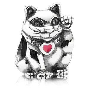 PANDORA Lucky Cat Charm Authentic Sterling Silver Red Enamel Heart Fortune Love